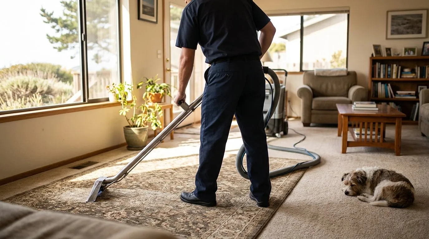 Technician performing non-toxic carpet cleaning in an Aptos living room while a dog rests nearby.